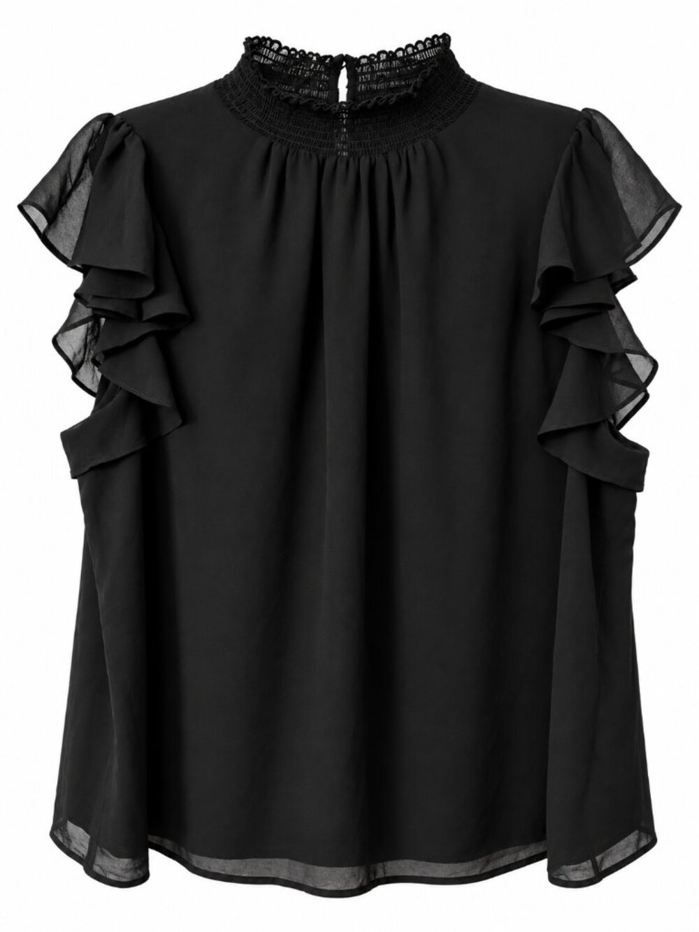 1.STATE Women’s XXL Black Ruffle Flutter Sleeve Smocked Neck Blouse Dressy Top